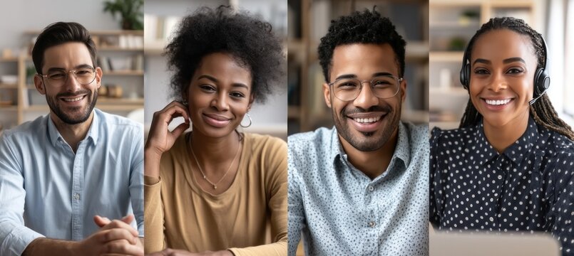 Happy multiethnic businesspeople smiling during online video conference