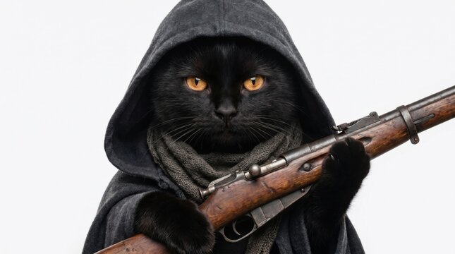 Black cat wearing a hooded cloak holding a rifle with bright orange eyes.
