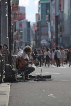 Street musician playing guitar in urban setting