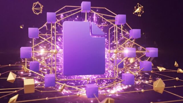 Abstract 3D motion graphic animation showing a purple document file icon appearing with a bright lens flare explosion and connecting to a complex golden grid network with glowing geometric cubes on a 