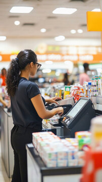 Cashier scanning products at checkout in supermarket