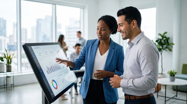 Professional business colleagues analyzing financial charts on a large interactive touchscreen display in a modern office setting, discussing corporate strategy