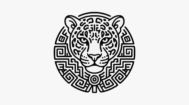 Jaguar Head Emblem with Ancient Geometric Patterns.
