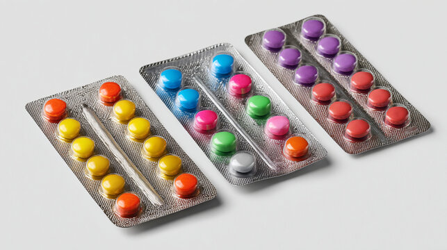 Angled view of colorful round pills in blister packaging on a light grey background.