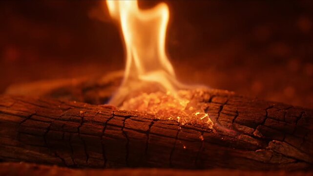 Cinematic fire glow background over burning log with ember spark and wildfire embers ash smoke texture, warm rustic campfire mood dark night forest nature scene with orange red char wood coal closeup