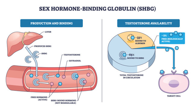 Sex hormone binding globulin overview shows liver, bloodstream, and testosterone availability chart, explaining hormone transport and free vs bound fractions. Outline diagram