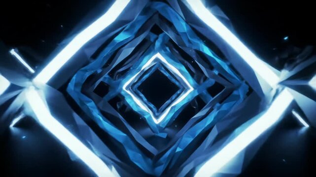 Luminous electric blue and white neon light lines fluidly form symmetrical diamond and crystalline patterns against a dark digital void, advanced future technology concept
