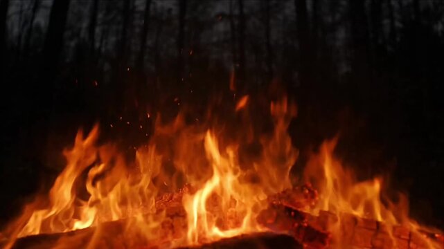Cinematic wildfire fire flame forest background night ember spark smoke heat glow burning wood nature outdoor dramatic atmosphere intense energy texture disaster ember spark dark smoke hot burning log