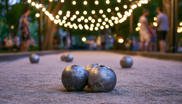 Metal balls rest on sandy court for bocce game at the park. People play outdoor game under string lights at dusk. Evening leisure activity with friends.