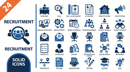 Fototapeta premium Recruitment Icons Set: a comprehensive collection of solid vector icons for hiring, HR, recruitment processes, job postings, and talent management.