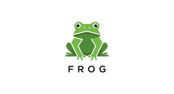 Minimalist green frog logo design on white background.