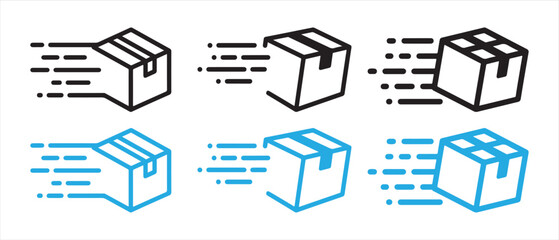 Set of fast delivery cardboard box icons moving with speed lines for shipping and logistics services. © CreatetiveDesignX