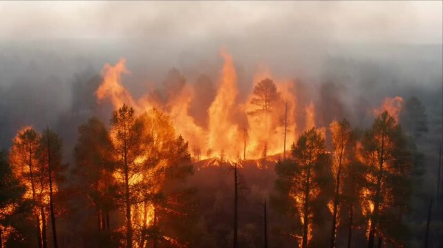 Cinematic wildfire fire forest background with raging flame and dramatic smoke cloud over burning tree silhouettes nature landscape disaster scene creating intense apocalyptic mood and emotional