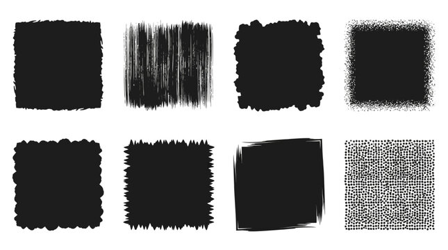 Grunge brush textures pack featuring black ink strokes and distressed square patterns for graphic design, backgrounds, and digital art