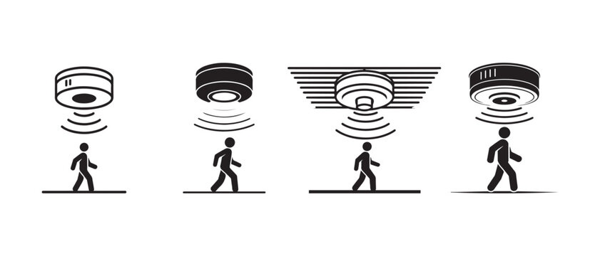 Set of motion sensor icons with people walking and detecting movement in a room.