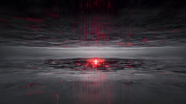 Abstract digital red rain fall in dark cyberspace landscape with data ripples.