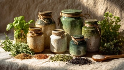 Naklejka premium Assorted rustic ceramic spice jars surrounded by fresh herbs and dry seasonings