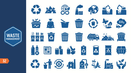 Fototapeta premium Blue vector icon set illustrating waste management, recycling, waste sorting, bins, composting, and environmental sustainability concepts.