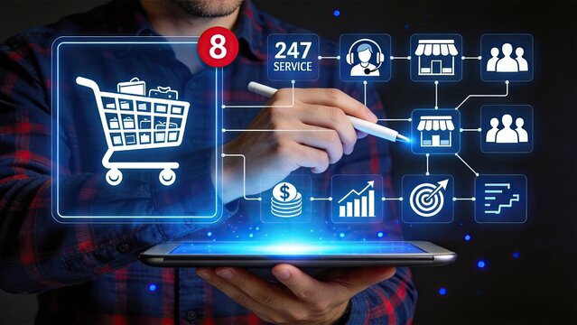 Businessman using tablet for ecommerce strategy, digital shopping cart icon, 24/7 service support, customer targeting and sales growth analytics concept