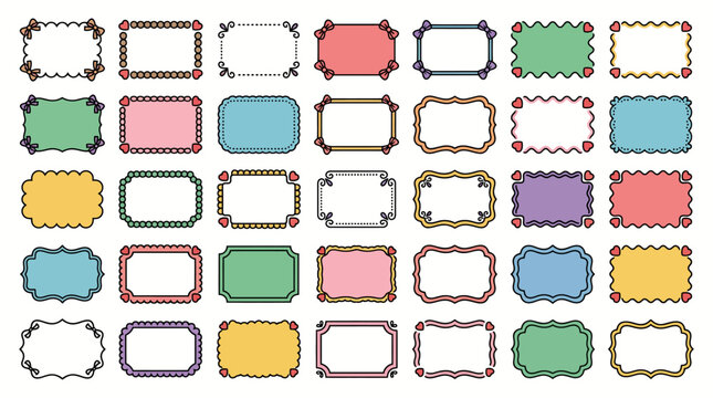 A collection of colorful decorative label frames with varied borders in pastel tones, shown in a flat lay.