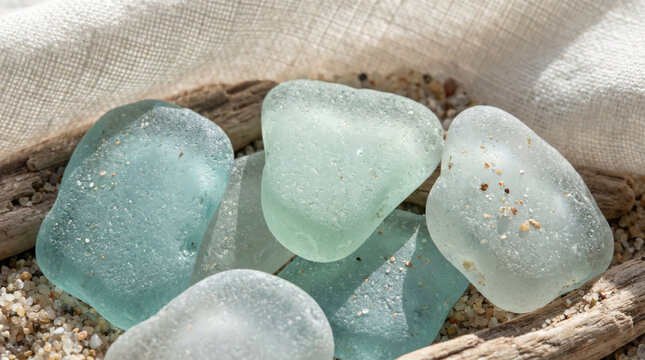 Macro view of smooth blue sea glass pieces on sand with driftwood textile background for coastal decor craft material beach treasure natural texture close detail collection serene sample