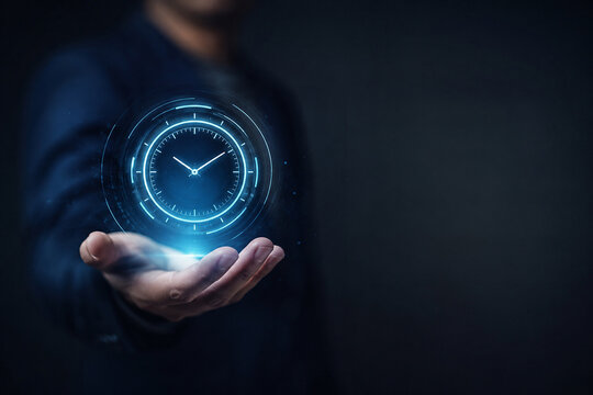 AI generated futuristic holographic clock floating above an open hand representing time management productivity scheduling efficiency digital transformation innovation