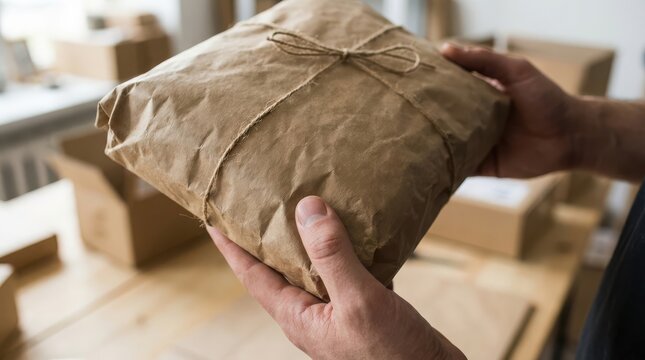 Hands holding an unbranded package wrapped in brown paper
