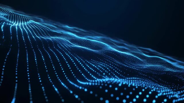 Abstract Blue Digital Waveform of Glowing Particles Flowing.