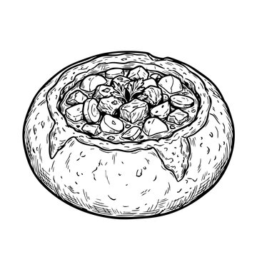 A black and white hand-drawn illustration of a hearty stew in a bread bowl with meat, vegetables, and parsley garnish.
