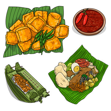 Set of Indonesian spicy culture food like Chili sauce, pecel with coconut sauce , fried tofu on banana leave