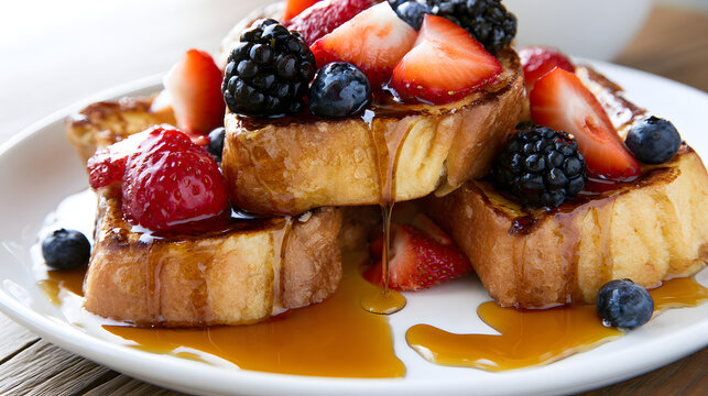 Layered french toast slices, embellished with succulent berries and generously doused in maple syrup.