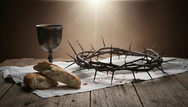 Crown of thorns, bread, and wine on a wooden table, symbolizing the sacrifice of Jesus Christ.