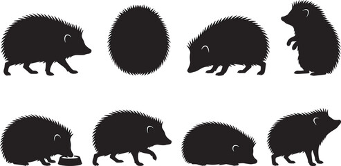 Hedgehog silhouette vector set showing walking, curled, standing, eating, and resting poses © Mst