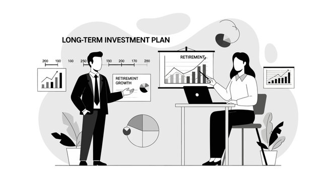 Business professionals analyzing long-term investment plan charts and graphs.