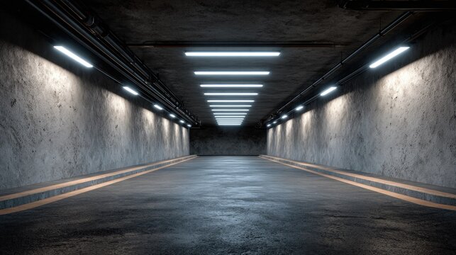 Illuminated subterranean passage features rough textured concrete walls and a dark asphalt floor