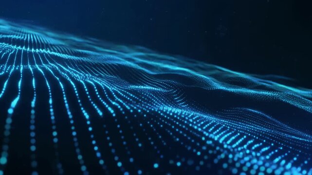 Abstract Blue Digital Waveform of Glowing Particles Flowing.