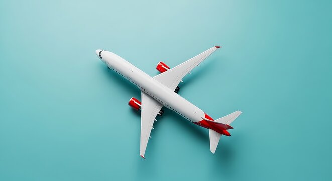 Overhead view of a model airplane on a solid turquoise background. Its red accents pop
