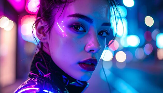 Retrato de mujer joven con maquillaje luminoso y luces de ne&oacute;n en ambiente urbano nocturno futurista
