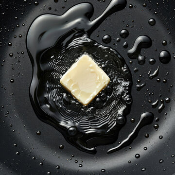Piece of butter in shape of parallelepiped began to melt in hot frying pan with dark non-stick surface. Minimalist food art, geometric shape, melting process, clear composition (top to bottom).
