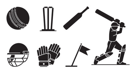 Cricket game elements including ball wicket bat and player silhouette hitting ball icons. © Tanvir