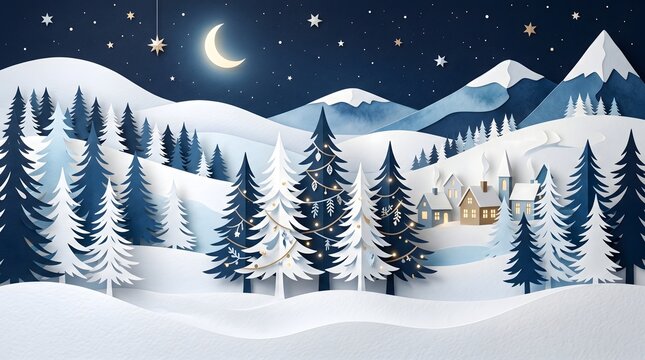Paper cut winter wonderland scene with snow-covered mountains, pine trees, and village houses under a starry night sky, capturing the serene magic of the holidays