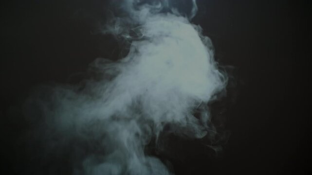 Dense white smoke rising and billowing in slow motion against a dark background. Fog, vapor, or mist floating upwards in an abstract flow