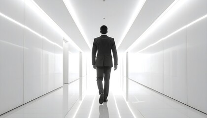 Fototapeta premium Hombre caminando solo por un pasillo blanco futurista con iluminación lineal y arquitectura minimalista
