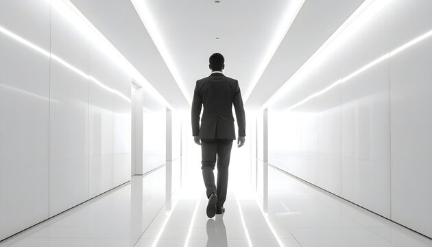 Hombre caminando solo por un pasillo blanco futurista con iluminaci&oacute;n lineal y arquitectura minimalista
