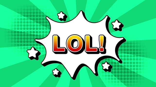 LOL text word lettering popup comic cartoon reveal with bomb and smoke explosion manga anime book page dots with radial speed lines doodle teal background with seamless loop animation retro clip