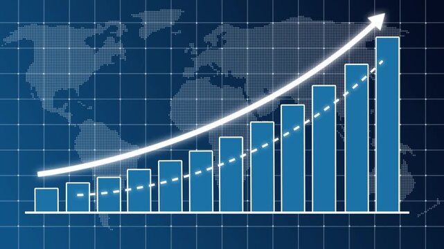 Digital business bar chart animation with steadily rising arrow and dotted trend line. Business growth concept in graph chart showing marketing sales profit increasing to future target .upward arrow.