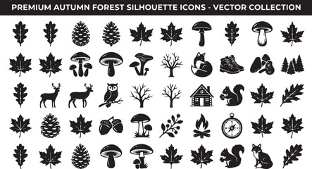 Comprehensive collection of detailed autumn forest silhouette icons featuring woodland animals and seasonal plant elements in a clean vector graphic © Monivara Creations