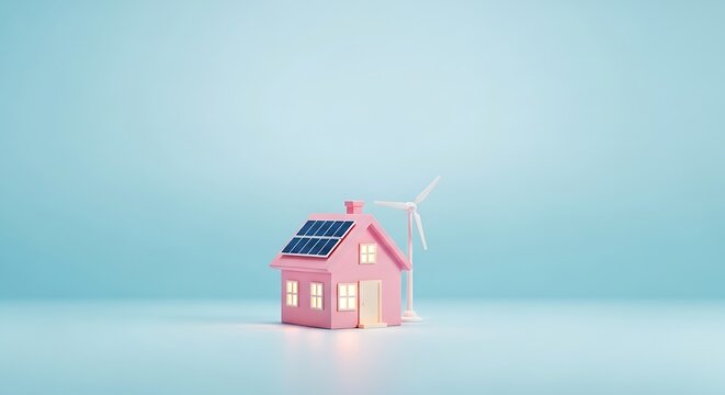 Pink miniature house with solar panels and wind turbine against a pale blue background