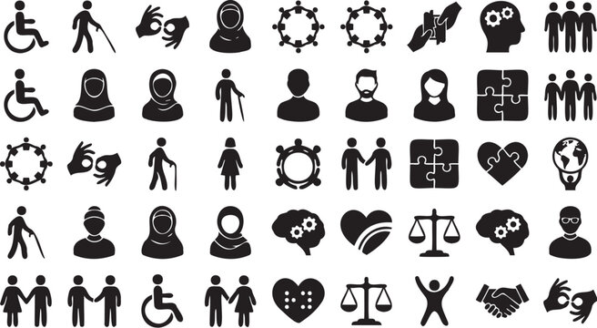 Diverse collection of black vector icons depicting human figures social interaction and various accessibility symbols for modern web design projects