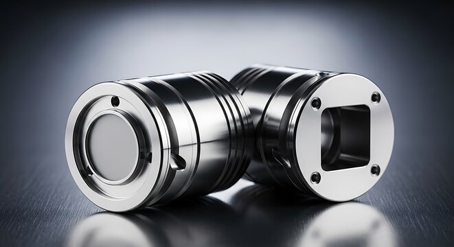Polished metal industrial parts, cylindrical with machined details, reflective surface